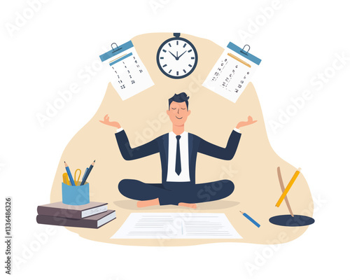 Self Discipline and Time Management Concept: Businessman Meditating with Clock and Calendar in Minimalist Vector Illustration