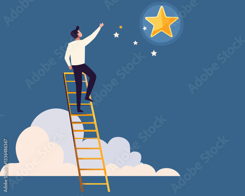 Businessman Climbing Ladder to Reach Star Goal, Achievement, Career Development, Success Ladder to Opportunity, Minimalist Vector Illustration