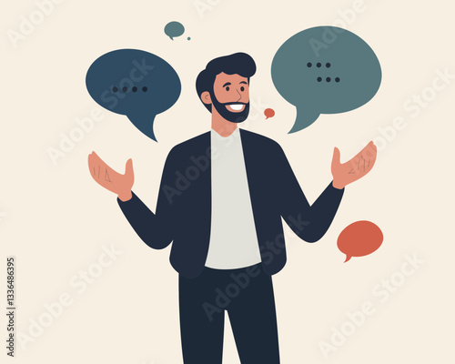 Confident Businessman Engaging in Public Speaking and Storytelling with Multiple Speech Bubbles - Flat Minimalist SVG Vector