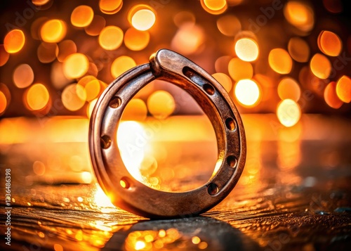 Polished copper horseshoe, macro detail; artistic bokeh background enhances its metallic gleam.