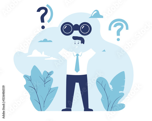 Curious Businessman Searching for New Opportunities with Binoculars, Flat Minimalist Vector: Exploring Unknown Ideas and Seeking Success