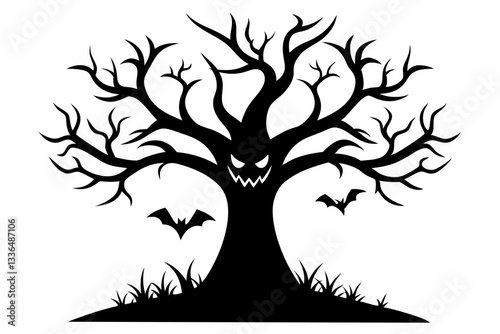 halloween tree line art silhouette vector illustration