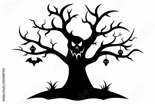 halloween tree line art silhouette vector illustration