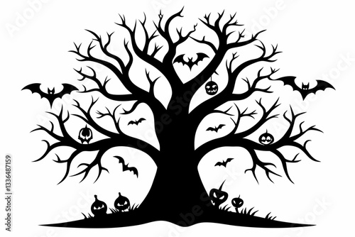 halloween tree line art silhouette vector illustration