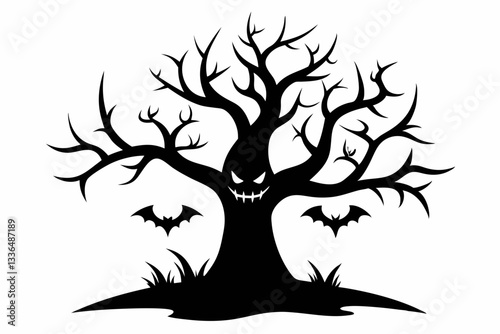 halloween tree line art silhouette vector illustration