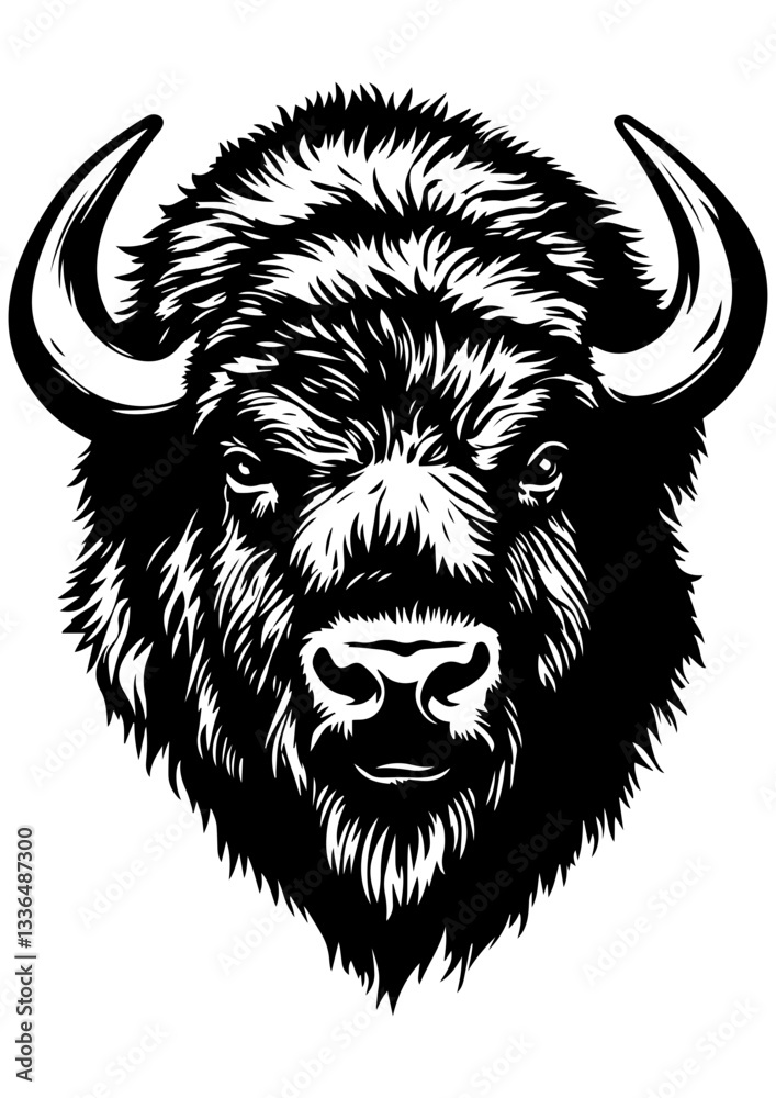 Obraz premium Black and white vector bison illustration. Wild animal line art for tattoo, logo, engraving, laser cutting, decoration, and design projects. Buffalo symbol of strength and freedom