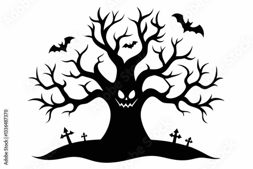 halloween tree line art silhouette vector illustration