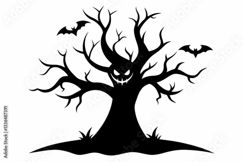halloween tree line art silhouette vector illustration