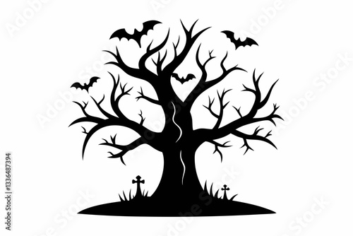 halloween tree line art silhouette vector illustration