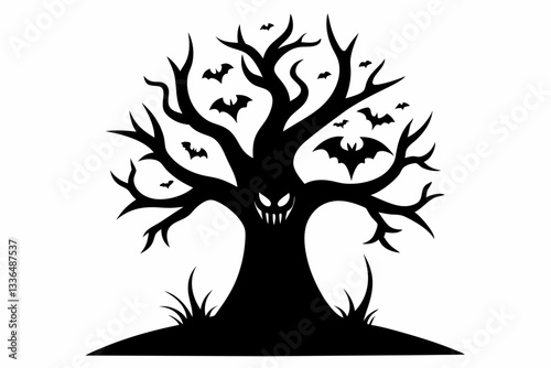 halloween tree line art silhouette vector illustration