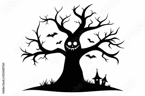 halloween tree line art silhouette vector illustration