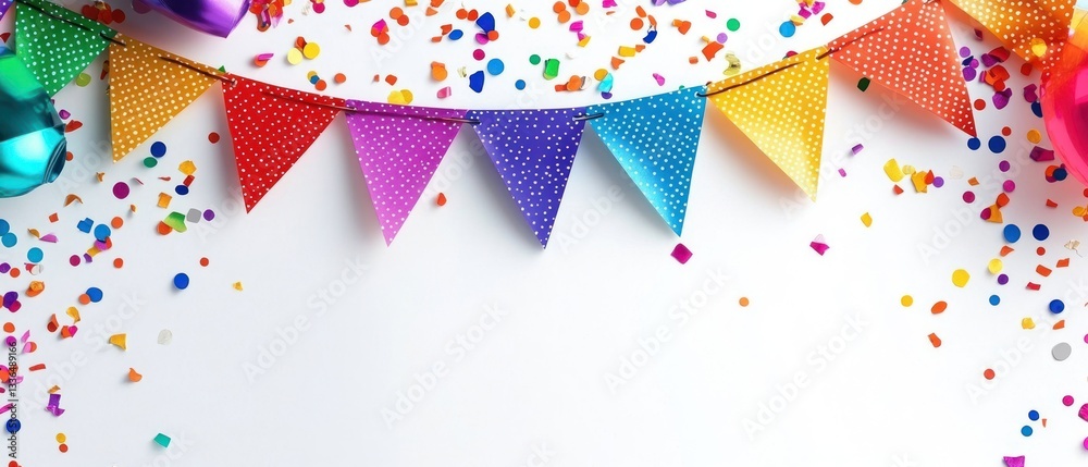 Obraz premium Colorful banner and confetti decorate a blank white background space
