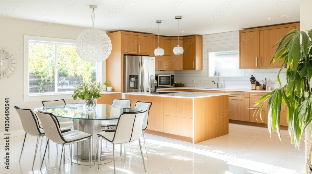 Fototapeta premium Bright, modern kitchen with dining area. Open concept, light-filled space