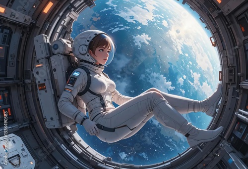 Female Astronaut Gazing at Earth from Spacecraft Window Stunning Space Exploration Illustration