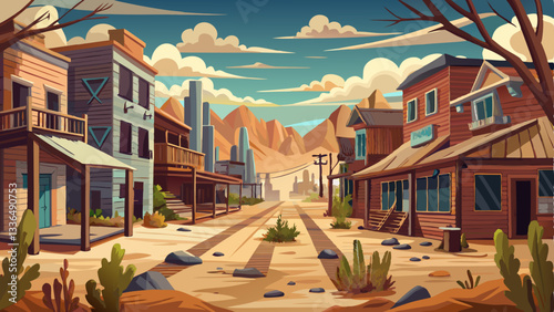 vector of abandoned ghost town in the desert, with weathered wooden buildings, a dusty main street, and tumbleweeds rolling in the wind