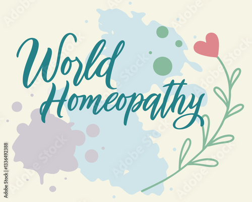 World Homeopathy Day: abstract design with plant and heart.