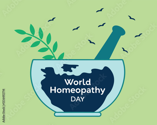 World Homeopathy Day: mortar and pestle shaped as world map with leaves and birds, celebrating global natural medicine.