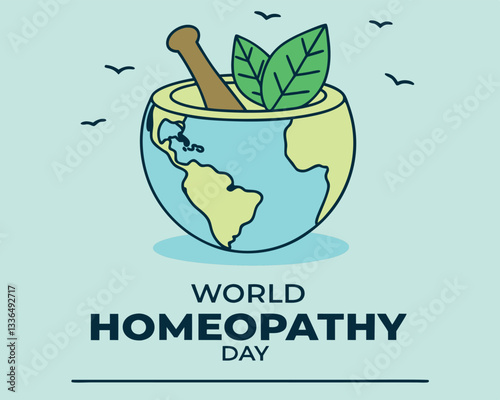 World Homeopathy Day: mortar and pestle shaped as world map with leaves and birds, celebrating global natural medicine.