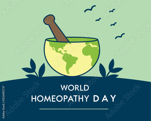 World Homeopathy Day: mortar and pestle shaped as world map with leaves and birds, celebrating global natural medicine.