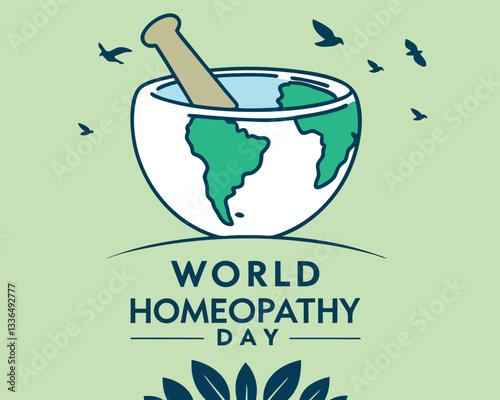 World Homeopathy Day: mortar and pestle shaped as world map with leaves and birds, celebrating global natural medicine.
