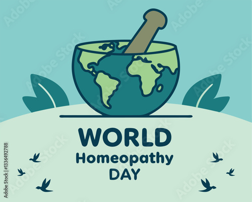 World Homeopathy Day: mortar and pestle shaped as world map with leaves and birds, celebrating global natural medicine.