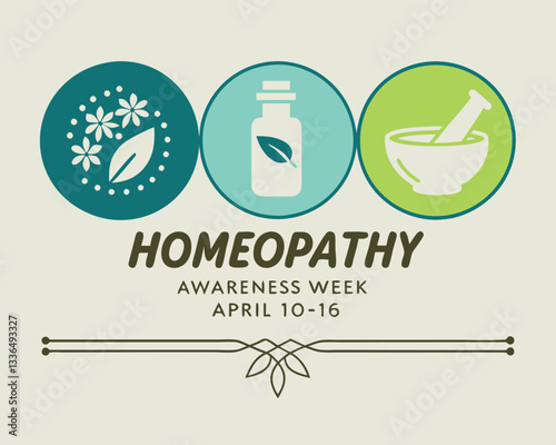Homeopathy Awareness Week design: featuring symbolic icons of leaves, bottle with cross, and mortar and pestle, April 10-16.