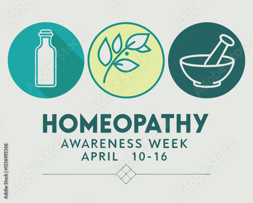 Homeopathy Awareness Week design: featuring symbolic icons of leaves, bottle with cross, and mortar and pestle, April 10-16.