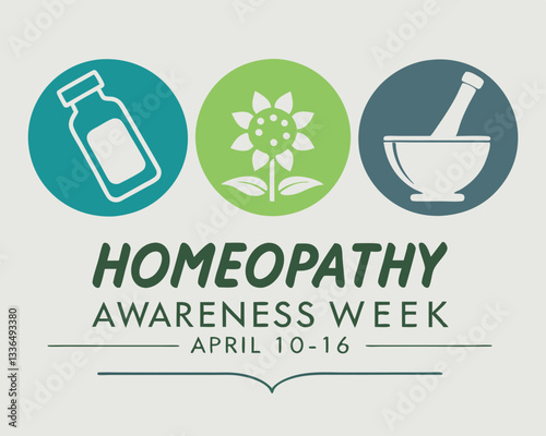 Homeopathy Awareness Week design: featuring symbolic icons of leaves, bottle with cross, and mortar and pestle, April 10-16.