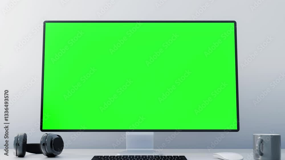 Modern workspace featuring a green screen computer monitor and headphones. A smooth close-up to the monitor screen. Modern workspace featuring a green screen computer monitor and headphones. A smooth close-up to the monitor screen.