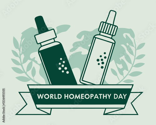 World Homeopathy Day illustration: featuring dropper bottles, leaves, and a world map for natural medicine awareness and celebration.