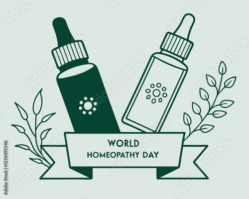 World Homeopathy Day illustration: featuring dropper bottles, leaves, and a world map for natural medicine awareness and celebration.
