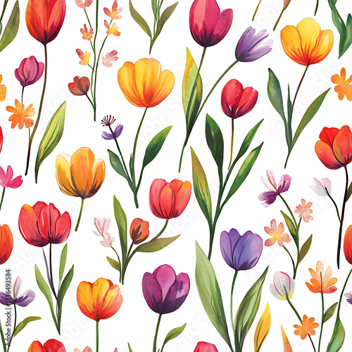 Watercolor floral pattern tile featuring flowers tulips and leaves traditional hand painted whimsical seamless print with an abstract batik design. Floral. Illustration