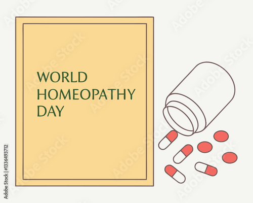 World Homeopathy Day concept: bottle with homeopathic pills spilling out to represent natural and alternative medicine awareness.