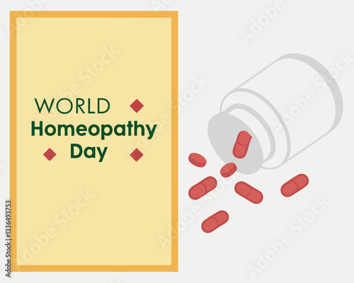 World Homeopathy Day concept: bottle with homeopathic pills spilling out to represent natural and alternative medicine awareness.