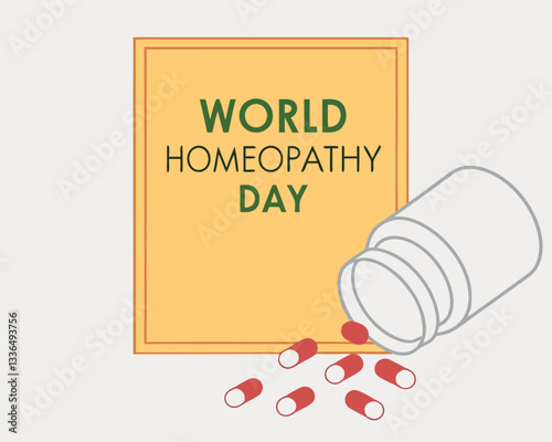 World Homeopathy Day concept: bottle with homeopathic pills spilling out to represent natural and alternative medicine awareness.