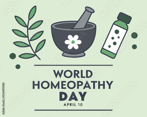 World Homeopathy Day illustration: featuring mortar, pestle, flower, leaf, and capsule for natural and alternative medicine on April 10th.
