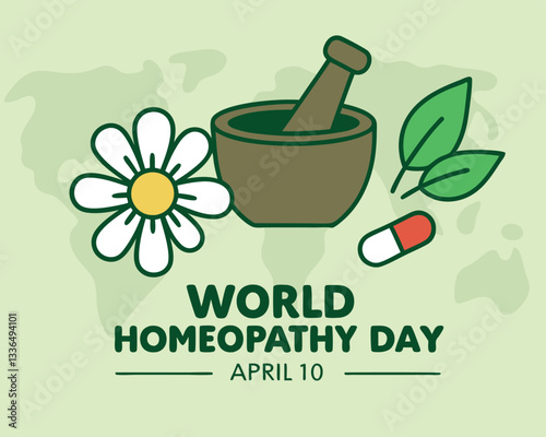 World Homeopathy Day illustration: featuring mortar, pestle, flower, leaf, and capsule for natural and alternative medicine on April 10th.