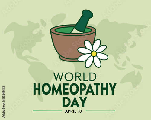 World Homeopathy Day illustration: featuring mortar, pestle, flower, leaf, and capsule for natural and alternative medicine on April 10th.