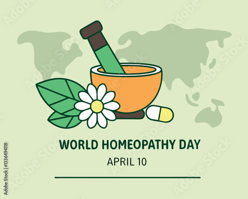 World Homeopathy Day illustration: featuring mortar, pestle, flower, leaf, and capsule for natural and alternative medicine on April 10th.