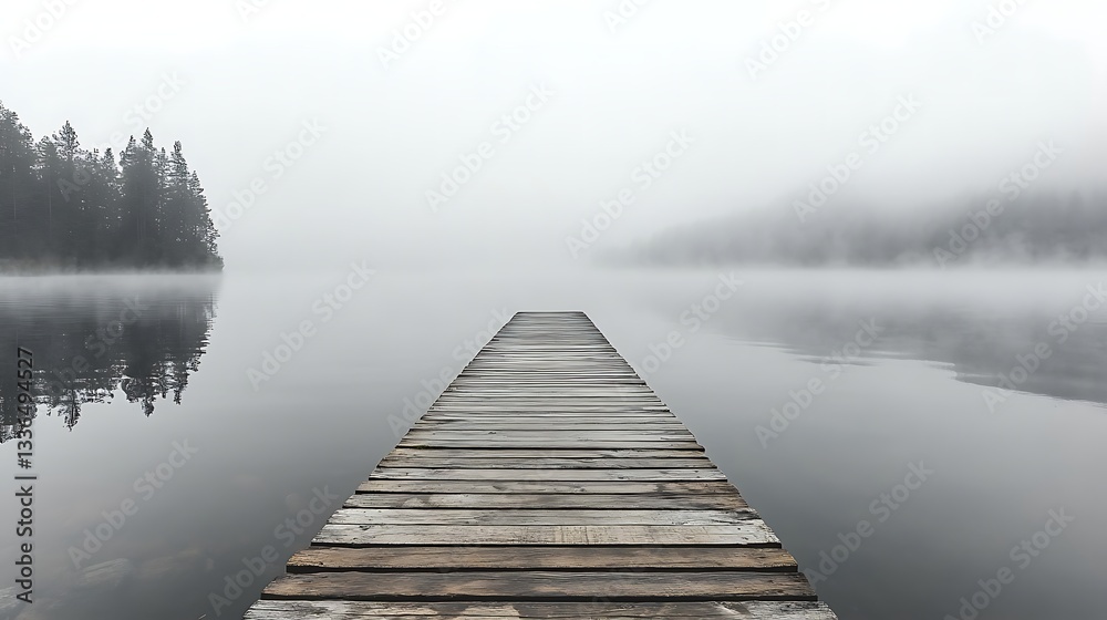 Fototapeta premium Misty Lake Wooden Dock Solitude Peaceful Morning Fog