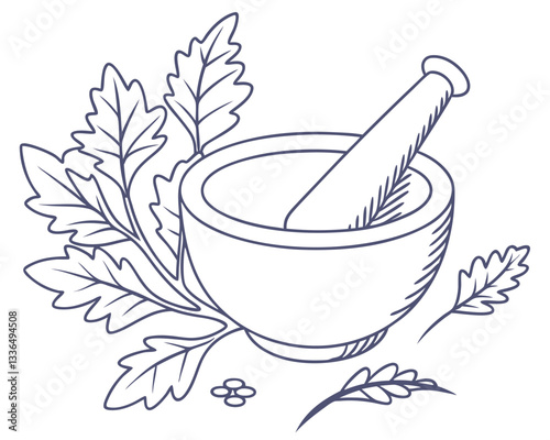 Natural medicine preparation: mortar and pestle with fresh leaves for herbal remedies and pharmaceutical ingredients. Ancient apothecary tools for wellness.