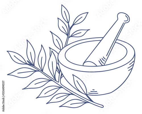 Natural medicine preparation: mortar and pestle with fresh leaves for herbal remedies and pharmaceutical ingredients. Ancient apothecary tools for wellness.