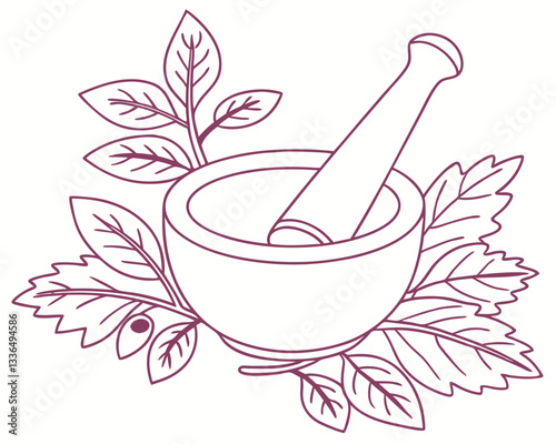 Natural medicine preparation: mortar and pestle with fresh leaves for herbal remedies and pharmaceutical ingredients. Ancient apothecary tools for wellness.