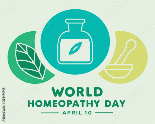 Celebrate World Homeopathy Day on April 10th with this symbolic design featuring a bottle, plant, and mortar and pestle, representing holistic wellness.
