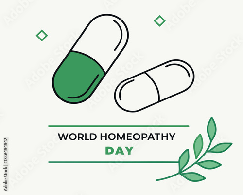 Commemorate World Homeopathy Day with this image of two green and white capsules and leaves, symbolizing natural and holistic health approaches.