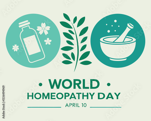 Celebrate World Homeopathy Day on April 10th with this symbolic design featuring a bottle, plant, and mortar and pestle, representing holistic wellness.