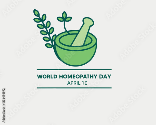 Celebrate Homeopathy Day on April 10th with this symbolic image of a mortar and pestle containing a healing plant, representing natural medicine.