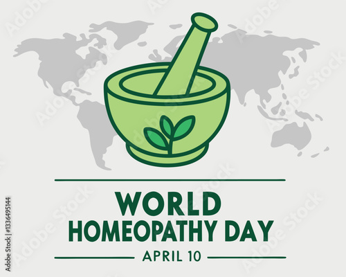 Celebrate Homeopathy Day on April 10th with this symbolic image of a mortar and pestle containing a healing plant, representing natural medicine.