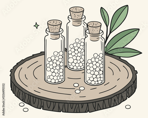 Three glass bottles with corks filled with homeopathic globules on a wooden slice, with green leaves, representing natural alternative medicine.