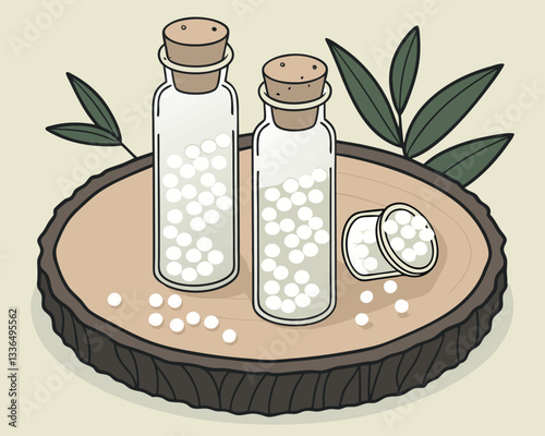 Three glass bottles with corks filled with homeopathic globules on a wooden slice, with green leaves, representing natural alternative medicine.
